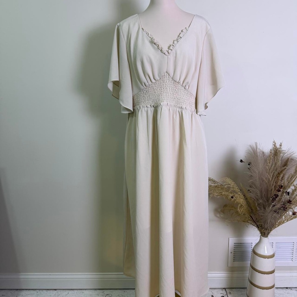 Kate Kasin Ruffle V-Neck Smocked Waist Maxi Dress Cream - Women's 2XL